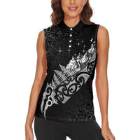 Maori Matariki Women Sleeveless Polo Shirt Landscape Styled Fern - Monochrome LT7 - Polynesian Pride