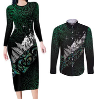 Maori Matariki Couples Matching Long Sleeve Bodycon Dress and Long Sleeve Button Shirt Landscape Styled Fern - Paua Shell LT7 Green - Polynesian Pride