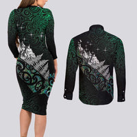 Maori Matariki Couples Matching Long Sleeve Bodycon Dress and Long Sleeve Button Shirt Landscape Styled Fern - Paua Shell LT7 - Polynesian Pride