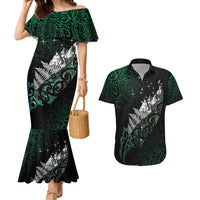 Maori Matariki Couples Matching Mermaid Dress and Hawaiian Shirt Landscape Styled Fern - Paua Shell LT7 Green - Polynesian Pride