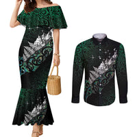 Maori Matariki Couples Matching Mermaid Dress and Long Sleeve Button Shirt Landscape Styled Fern - Paua Shell LT7 Green - Polynesian Pride
