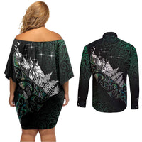 Maori Matariki Couples Matching Off Shoulder Short Dress and Long Sleeve Button Shirt Landscape Styled Fern - Paua Shell LT7 - Polynesian Pride