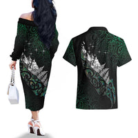 Maori Matariki Couples Matching Off The Shoulder Long Sleeve Dress and Hawaiian Shirt Landscape Styled Fern - Paua Shell LT7 - Polynesian Pride