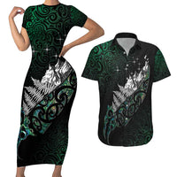 Maori Matariki Couples Matching Short Sleeve Bodycon Dress and Hawaiian Shirt Landscape Styled Fern - Paua Shell LT7 Green - Polynesian Pride