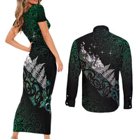 Maori Matariki Couples Matching Short Sleeve Bodycon Dress and Long Sleeve Button Shirt Landscape Styled Fern - Paua Shell LT7 - Polynesian Pride