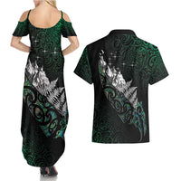 Maori Matariki Couples Matching Summer Maxi Dress and Hawaiian Shirt Landscape Styled Fern - Paua Shell LT7 - Polynesian Pride