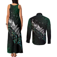 Maori Matariki Couples Matching Tank Maxi Dress and Long Sleeve Button Shirt Landscape Styled Fern - Paua Shell LT7 - Polynesian Pride