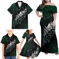 Maori Matariki Family Matching Off Shoulder Maxi Dress and Hawaiian Shirt Landscape Styled Fern - Paua Shell LT7 - Polynesian Pride