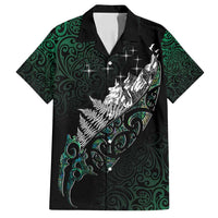 Maori Matariki Family Matching Off Shoulder Maxi Dress and Hawaiian Shirt Landscape Styled Fern - Paua Shell LT7 Dad's Shirt - Short Sleeve Green - Polynesian Pride