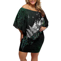 Maori Matariki Family Matching Off Shoulder Short Dress and Hawaiian Shirt Landscape Styled Fern - Paua Shell LT7 Mom's Dress Green - Polynesian Pride