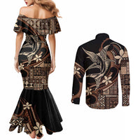 Samoa Manuia le Aso Tuto'atasi Couples Matching Mermaid Dress and Long Sleeve Button Shirt Siapo Mamanu Mix Tatau Marlin LT7 - Polynesian Pride