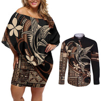 Samoa Manuia le Aso Tuto'atasi Couples Matching Off Shoulder Short Dress and Long Sleeve Button Shirt Siapo Mamanu Mix Tatau Marlin LT7 Black - Polynesian Pride