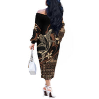 Samoa Manuia le Aso Tuto'atasi Off The Shoulder Long Sleeve Dress Siapo Mamanu Mix Tatau Marlin LT7 - Polynesian Pride