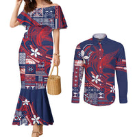 Samoa Manuia le Aso Tuto'atasi Couples Matching Mermaid Dress and Long Sleeve Button Shirt Siapo Mamanu Mix Tatau Marlin - Flag Color LT7 Blue - Polynesian Pride