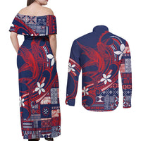 Samoa Manuia le Aso Tuto'atasi Couples Matching Off Shoulder Maxi Dress and Long Sleeve Button Shirt Siapo Mamanu Mix Tatau Marlin - Flag Color LT7 - Polynesian Pride