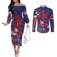 Samoa Manuia le Aso Tuto'atasi Couples Matching Off The Shoulder Long Sleeve Dress and Long Sleeve Button Shirt Siapo Mamanu Mix Tatau Marlin - Flag Color LT7 Blue - Polynesian Pride