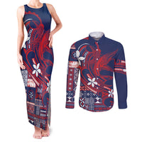 Samoa Manuia le Aso Tuto'atasi Couples Matching Tank Maxi Dress and Long Sleeve Button Shirt Siapo Mamanu Mix Tatau Marlin - Flag Color LT7 Blue - Polynesian Pride