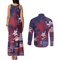 Samoa Manuia le Aso Tuto'atasi Couples Matching Tank Maxi Dress and Long Sleeve Button Shirt Siapo Mamanu Mix Tatau Marlin - Flag Color LT7 - Polynesian Pride