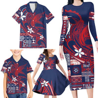 Samoa Manuia le Aso Tuto'atasi Family Matching Long Sleeve Bodycon Dress and Hawaiian Shirt Siapo Mamanu Mix Tatau Marlin - Flag Color LT7 - Polynesian Pride