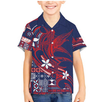 Samoa Manuia le Aso Tuto'atasi Family Matching Mermaid Dress and Hawaiian Shirt Siapo Mamanu Mix Tatau Marlin - Flag Color LT7 Son's Shirt Blue - Polynesian Pride