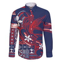 Samoa Manuia le Aso Tuto'atasi Family Matching Off The Shoulder Long Sleeve Dress and Hawaiian Shirt Siapo Mamanu Mix Tatau Marlin - Flag Color LT7 Dad's Shirt - Long Sleeve Blue - Polynesian Pride