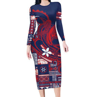 Samoa Manuia le Aso Tuto'atasi Long Sleeve Bodycon Dress Siapo Mamanu Mix Tatau Marlin - Flag Color LT7 Long Dress Blue - Polynesian Pride