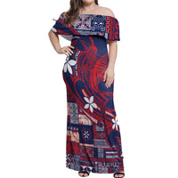 Samoa Manuia le Aso Tuto'atasi Off Shoulder Maxi Dress Siapo Mamanu Mix Tatau Marlin - Flag Color LT7 Women Blue - Polynesian Pride