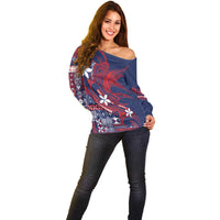 Samoa Manuia le Aso Tuto'atasi Off Shoulder Sweater Siapo Mamanu Mix Tatau Marlin - Flag Color LT7 - Polynesian Pride