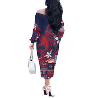 Samoa Manuia le Aso Tuto'atasi Off The Shoulder Long Sleeve Dress Siapo Mamanu Mix Tatau Marlin - Flag Color LT7 - Polynesian Pride