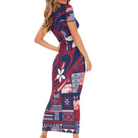 Samoa Manuia le Aso Tuto'atasi Short Sleeve Bodycon Dress Siapo Mamanu Mix Tatau Marlin - Flag Color LT7 - Polynesian Pride
