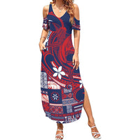 Samoa Manuia le Aso Tuto'atasi Summer Maxi Dress Siapo Mamanu Mix Tatau Marlin - Flag Color LT7 Women Blue - Polynesian Pride
