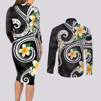 Kanaka Maoli Hawaii Plumeria Couples Matching Long Sleeve Bodycon Dress and Long Sleeve Button Shirt Dancing Tentacles Black Style LT7 - Polynesian Pride