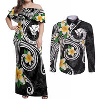Kanaka Maoli Hawaii Plumeria Couples Matching Off Shoulder Maxi Dress and Long Sleeve Button Shirt Dancing Tentacles Black Style LT7 Black - Polynesian Pride