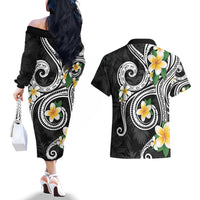 Kanaka Maoli Hawaii Plumeria Couples Matching Off The Shoulder Long Sleeve Dress and Hawaiian Shirt Dancing Tentacles Black Style LT7 - Polynesian Pride