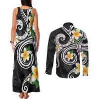Kanaka Maoli Hawaii Plumeria Couples Matching Tank Maxi Dress and Long Sleeve Button Shirt Dancing Tentacles Black Style LT7 - Polynesian Pride