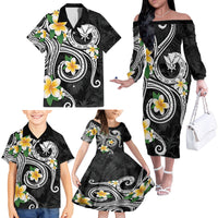 Kanaka Maoli Hawaii Plumeria Family Matching Off The Shoulder Long Sleeve Dress and Hawaiian Shirt Dancing Tentacles Black Style LT7 - Polynesian Pride