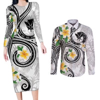 Kanaka Maoli Hawaii Plumeria Couples Matching Long Sleeve Bodycon Dress and Long Sleeve Button Shirt Dancing Tentacles White Style LT7 White - Polynesian Pride