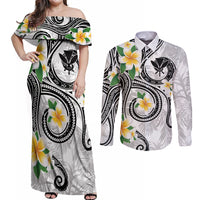 Kanaka Maoli Hawaii Plumeria Couples Matching Off Shoulder Maxi Dress and Long Sleeve Button Shirt Dancing Tentacles White Style LT7 White - Polynesian Pride