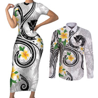 Kanaka Maoli Hawaii Plumeria Couples Matching Short Sleeve Bodycon Dress and Long Sleeve Button Shirt Dancing Tentacles White Style LT7 White - Polynesian Pride