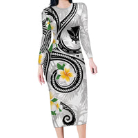 Kanaka Maoli Hawaii Plumeria Family Matching Long Sleeve Bodycon Dress and Hawaiian Shirt Dancing Tentacles White Style LT7 Mom's Dress White - Polynesian Pride