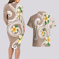 Kanaka Maoli Hawaii Plumeria Couples Matching Long Sleeve Bodycon Dress and Hawaiian Shirt Dancing Tentacles Beige Style LT7 - Polynesian Pride