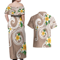 Kanaka Maoli Hawaii Plumeria Couples Matching Off Shoulder Maxi Dress and Hawaiian Shirt Dancing Tentacles Beige Style LT7 - Polynesian Pride