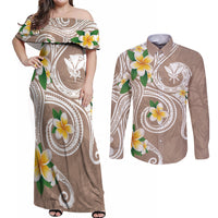 Kanaka Maoli Hawaii Plumeria Couples Matching Off Shoulder Maxi Dress and Long Sleeve Button Shirt Dancing Tentacles Beige Style LT7 Beige - Polynesian Pride