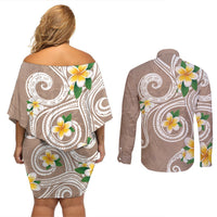 Kanaka Maoli Hawaii Plumeria Couples Matching Off Shoulder Short Dress and Long Sleeve Button Shirt Dancing Tentacles Beige Style LT7 - Polynesian Pride