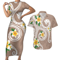Kanaka Maoli Hawaii Plumeria Couples Matching Short Sleeve Bodycon Dress and Hawaiian Shirt Dancing Tentacles Beige Style LT7 Beige - Polynesian Pride