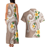 Kanaka Maoli Hawaii Plumeria Couples Matching Tank Maxi Dress and Hawaiian Shirt Dancing Tentacles Beige Style LT7 - Polynesian Pride