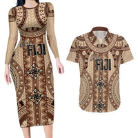 Bula Fiji Vintage Couples Matching Long Sleeve Bodycon Dress and Hawaiian Shirt Brown Masi Motifs LT7 Brown - Polynesian Pride