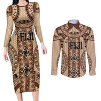 Bula Fiji Vintage Couples Matching Long Sleeve Bodycon Dress and Long Sleeve Button Shirt Brown Masi Motifs LT7 Brown - Polynesian Pride