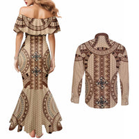 Bula Fiji Vintage Couples Matching Mermaid Dress and Long Sleeve Button Shirt Brown Masi Motifs LT7 - Polynesian Pride