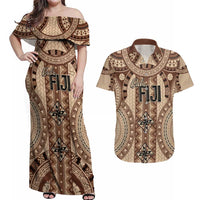 Bula Fiji Vintage Couples Matching Off Shoulder Maxi Dress and Hawaiian Shirt Brown Masi Motifs LT7 Brown - Polynesian Pride